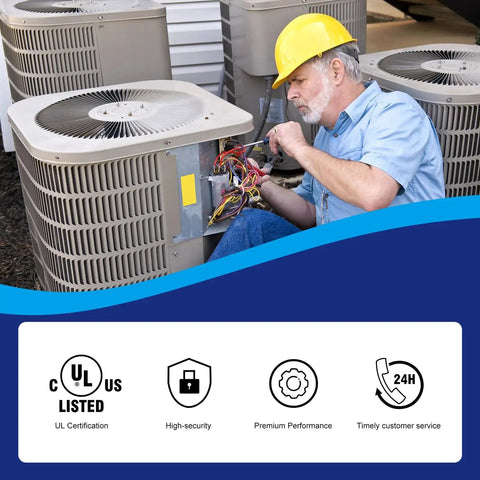 Technician installing Dual Run Start Capacitor 45/5 UF 370V/440VAC CBB65B in HVAC unit, ensuring high quality performance.