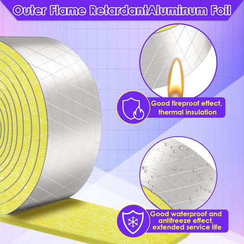 Two Pack 32.8 Ft Pipe Insulation Wrap For Outdoor Pipes, Foam And Foil Tube Wrap, shown with fireproof and waterproof features.