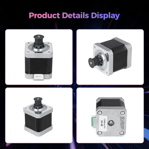 Creality K2/K2 Pro Z-axis stepper motor; four-angle views, black housing with silver ends, high-torque 1.8° step angle