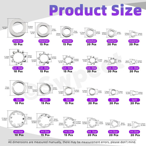 Washer kit, Swpeet, stainless steel, 400 pcs, external/internal tooth, serrated lock, split and flat washers 1/4-3/8