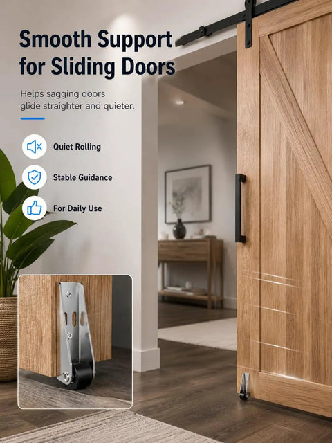 Heavy Duty Vertical Track Roller Wheel With Bracket Handles Heavy Doors Like A Dream Quiet Rubber Glides Anti Wobble Support For Cabinets Furniture Universal Fit Single Orange Piece, close-up of wheel on sliding door.