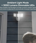 Floodlight Security Camera Pro With 2.5K HD Color Night Vision, 180 Degree Wide View, 3000 Lumen LEDs mounted on house exterior.