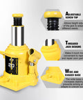 Front view of a yellow Yellow Jacket 20-ton low-profile hydraulic bottle jack with chrome piston and side handle.