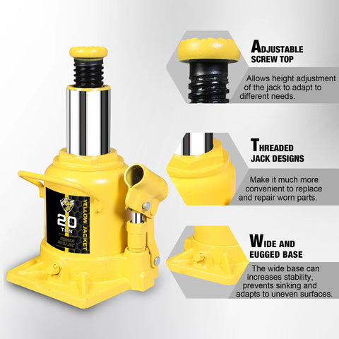 Front view of a yellow Yellow Jacket 20-ton low-profile hydraulic bottle jack with chrome piston and side handle.