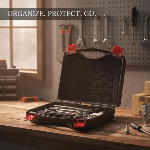 Open black plastic tool box with handle, containing tools on a workbench, Grab And Go Portable Plastic Tool Box With Integrated Handle