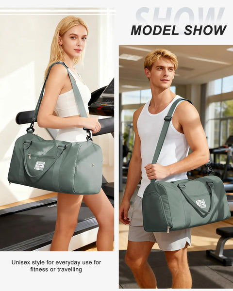 Travel Duffel With Shoes Compartment And Wet Pocket For Women And Men Airport Friendly Carry On Gym Bag in gym setting