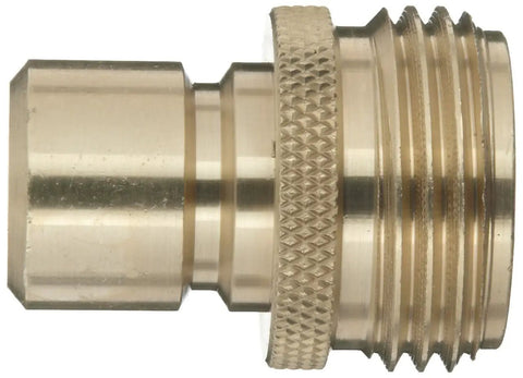 Brass Garden Hose Quick Connect Fitting Adapter GHT To Quick Disconnect Male Plug 200 PSI Built Tough For Easy Watering And Leak Free Fit No Tool Needed, close-up view showing details.