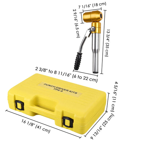 6 Dies 6 Ton Hydraulic Knockout Punch Kit With Hand Pump, Metal Hole Tool Set, yellow case and punch tool with dimensions.