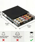 K-Cup Drawer Organizer For 36 Pods, Slim Black Under-Counter Coffee Pod Storage with Sliding Drawer, dimensions shown
