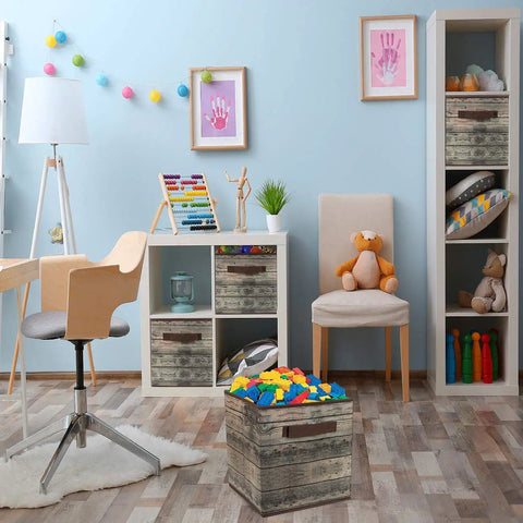 Scenes of Foldable Storage Cube Baskets 4 Pack In Rustic Brown Wood Grain Finish in a nursery with toys and furniture.