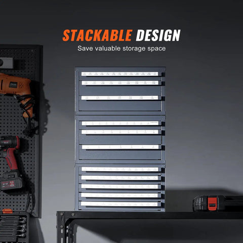 Stackable three drawer drill bit dispenser cabinet set with 29 27 and 60 compartments for one sixteenth to one half inch and A to Z bits