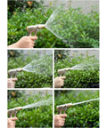 Versatile spray gun for Heavy Duty Stainless Steel Wall Mount Garden Hose Reel, demonstrating different mist patterns during watering.
