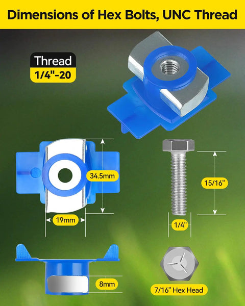 Heavy Duty One Quarter Twenty Thread Strut Channel Squeeze Nut And Bolt Combo Kit Featuring Seven Sixteenths Hex Head dimensions with blue slide nut and bolt.
