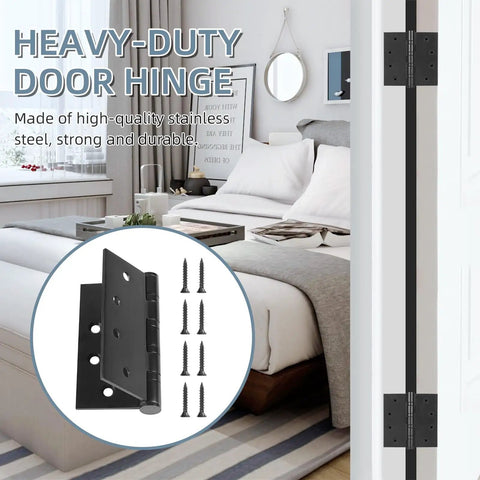 Six Pack Tough As Nails 4 Inch Stainless Steel Door Hinges Heavy Duty Ball Bearing Action Matte Black Finish installed in a bedroom.