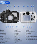Image displaying components of the Underwater Camera Housing For Olympus TG-7 With Wide Angle Lens And Red Filter, IPX8 Waterproof Case.