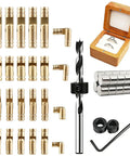 Hidden Cylinder Hinges Kit With Dope Neodymium Magnets All In One Eighty Piece Set shown with drill bit, stop collar, and hex wrench.