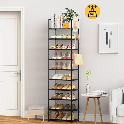 Narrow 10 Tier Shoe Rack For Small Spaces, Tall Entryway And Closet Organizer Holds 20 To 24 Pairs Shoes, in black finish