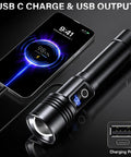 Beastly Bright USB C Rechargeable Flashlight 99000 Lumens Zoomable Tactical Light with digital display and USB charging