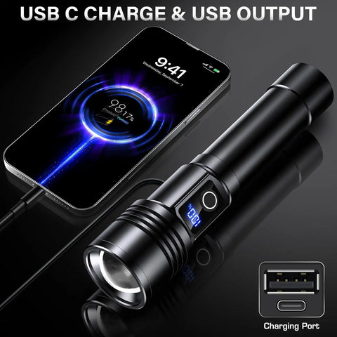 Beastly Bright USB C Rechargeable Flashlight 99000 Lumens Zoomable Tactical Light with digital display and USB charging