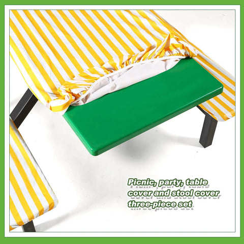 Stripe Picnic Table Cover Set With Bench Covers 72 X 30 Inch Fitted Waterproof Vinyl Tablecloth For 6 Ft Tables Elastic Edges in yellow and white