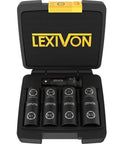 Eight Lug Nut Sockets For Half Inch Drive With Flip Eight In Four Design Covers Metric And Inch Nuts; storage case view.