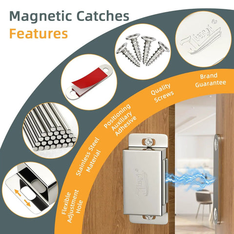 Magnetic Cabinet Latch 4 Pack That Grips Up To 30 Lbs Stainless Steel Door Closures for Kitchen Cabinets, shown installed on wood cabinet.