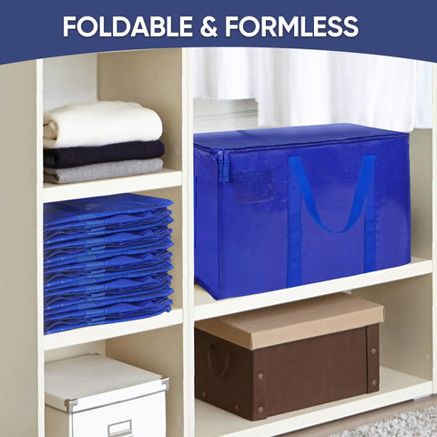 Six Pack Extra Large Moving Bags Heavy Duty With Zippers And Carrying Handles Tough And Durable Storage Bags shown folded and open in shelf