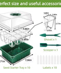 Diagram of 10 Pack Seed Starter Tray Kit With Humidity Dome 120 Cell Trays For Germination And Seedlings, shown with tools and labels