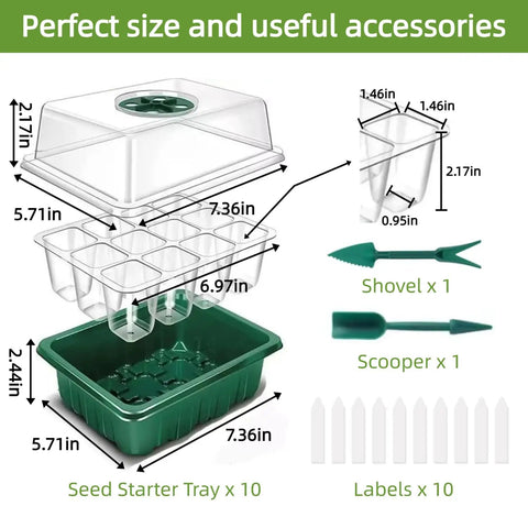 Diagram of 10 Pack Seed Starter Tray Kit With Humidity Dome 120 Cell Trays For Germination And Seedlings, shown with tools and labels