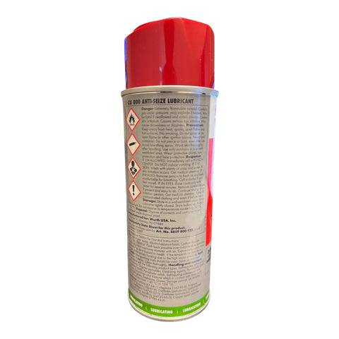 Wurth CU 800 Copper Anti Seize Lubricant, 12 Oz aerosol can, rear view, red cap, warning labels