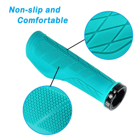 Close-up of turquoise ergonomic mountain bike grips with palm pad and non-slip lock-on design for all day comfort and pain relief.