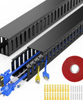 Under Desk Cable Management Raceways Kit, Two-Piece Open Slot Duct for Hiding Wires, 30.8 Inch Total Length, Black with accessories.
