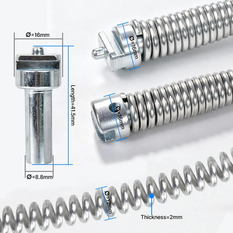 Tough As Nails 32 Foot Drain Snake And Auger Kit showing metal flexible snake, dimensions, and attachment details.