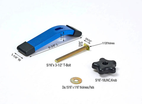 Beefy Aluminum T Track Hold Down Clamps For Woodworking Six And Three Eighths Inch Long One And A Quarter Inch Wide Heavy Duty 6063 Aluminum Fine Sandblast Blue Finish Two Pack with dimensions and components shown