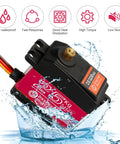 Beefy Pair Of 25Kg Digital Servo Motors With Full Metal Gear Waterproof High Torque for RC Cars, splashing water to show IP66 seal.