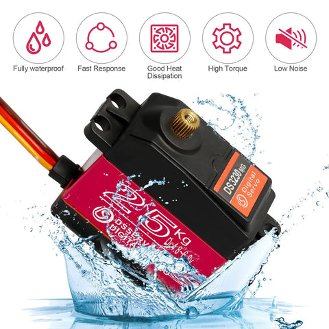Beefy Pair Of 25Kg Digital Servo Motors With Full Metal Gear Waterproof High Torque for RC Cars, splashing water to show IP66 seal.
