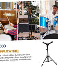 Heavy Duty Folding Drum Rack And Snare Stand Featuring Multi Angle Adjustments And Tight Triangular Brackets in black for percussion.