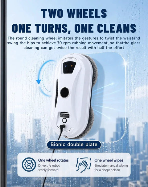 Automatic Window Cleaning Robot With AI Navigation And Edge Detection on glass surface, showing dual wheels and suction feature.
