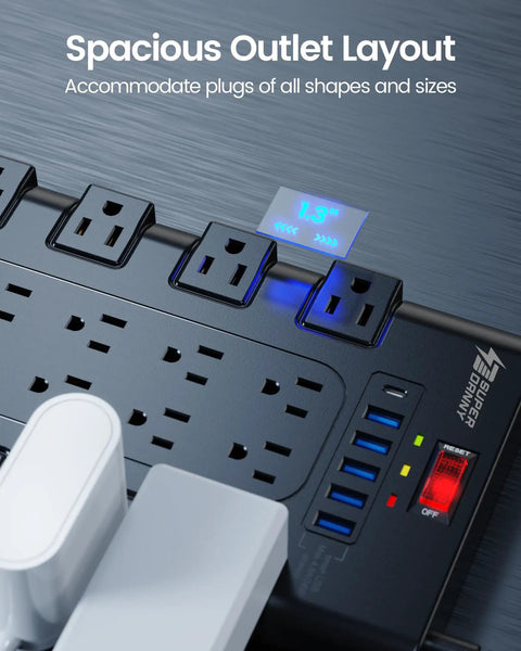 Close-up of Beefed-Up 28-In-One Power Strip with 22 Outlets and 6 USB Ports, featuring surge protector and digital display.