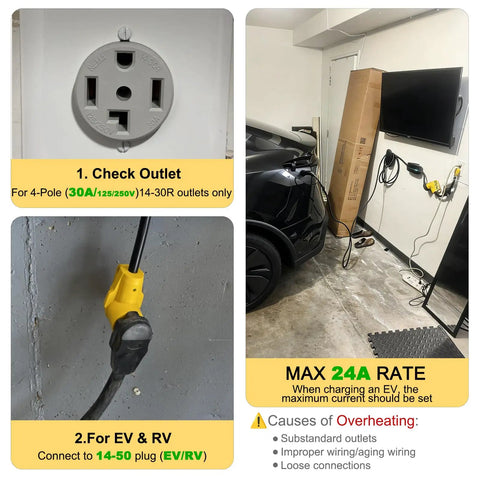 Close-up of 20 Foot EV Charger Adapter Cord From NEMA 14-30P To 14-50R in use with charging setup in garage.