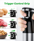 Heavy Duty Immersion Blender Handheld Corded 1100W Full Copper Motor 5-in-1 Hand Blender Set showing trigger control grip.