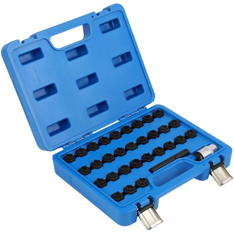 Premium Wheel Lock Nut Key Disassembly Tool Kit For Mercedes Benz 32 Piece Heavy Duty Removal Set With Carrying Case Easy Grip Design To Save Your Rims blue case