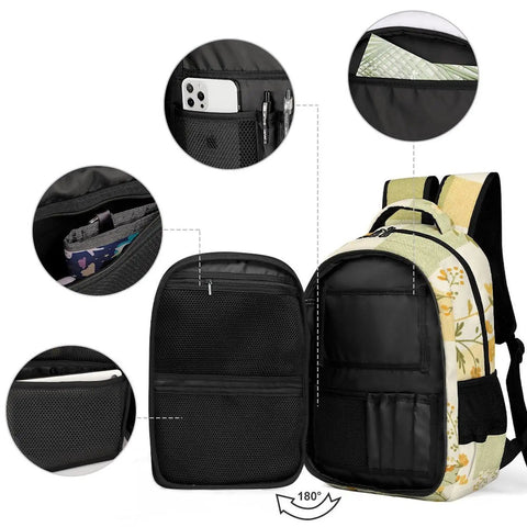 Interior view of a Yellow Green Plaid Floral Print Backpack For Everyday Use, showing multiple pockets and organization space.