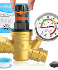 Brass lead-free RV water pressure regulator with colorful dial gauge, hand-adjust knob, NH thread, includes inlet screen