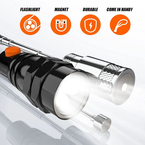 Close-up of the Telescoping Magnetic Pickup Tool Set with flashlight and magnetic probe, demonstrating its versatility and utility.