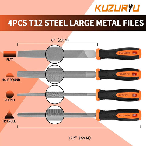 31 Piece Metal File Set With 4 Eight Inch Metal Files including flat, half-round, round, and triangular shapes.