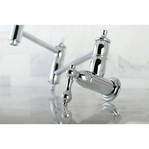 Pot Filler Faucet With Metal Lever Handle Polished Chrome Spout Height 8.125 Inch Wall Mount close-up of polished finish