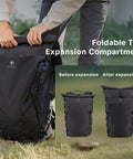 Ultralight Camera Backpack For Photographers Expandable To 40L Space Black Suspended Back Panel shown before and after expansion