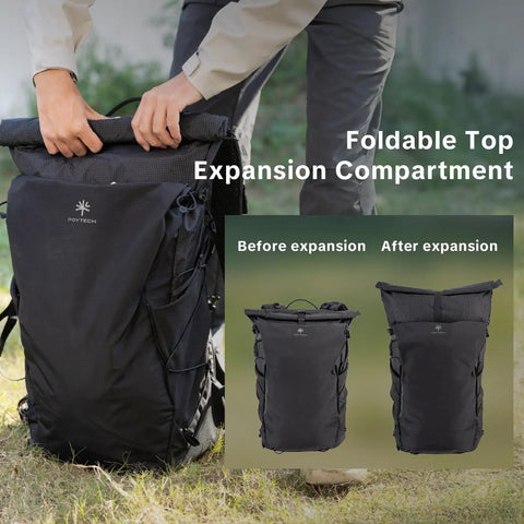 Ultralight Camera Backpack For Photographers Expandable To 40L Space Black Suspended Back Panel shown before and after expansion