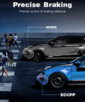 Illustration of precise braking with comparison between worn and ECCPP brakes on cars at a crosswalk.